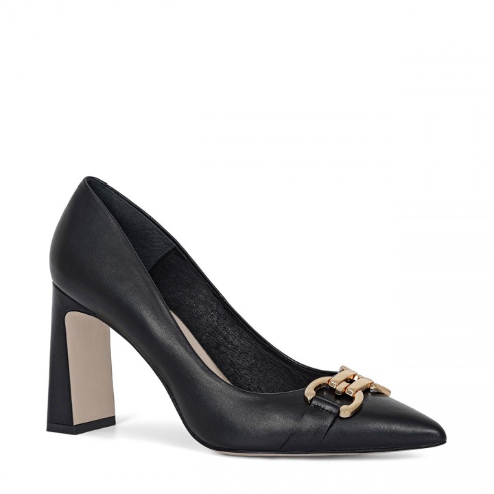 Black Italian leather pumps with a gold-colored decoration