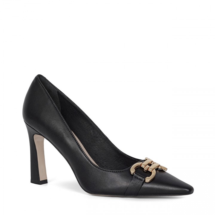 Leather black stilettos with a geometric heel