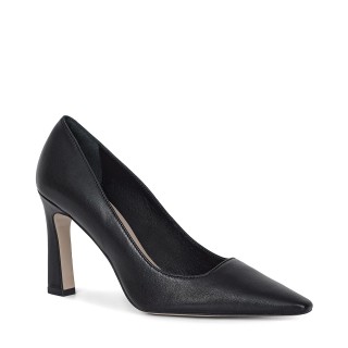 Black leather stilettos with a subtle square toe on a geometric heel