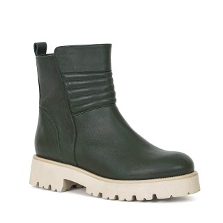 Khaki leather ankle boots with a thicker cream sole