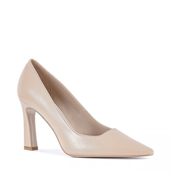 Beige stilettos made from genuine leather with a square toe and a geometric heel