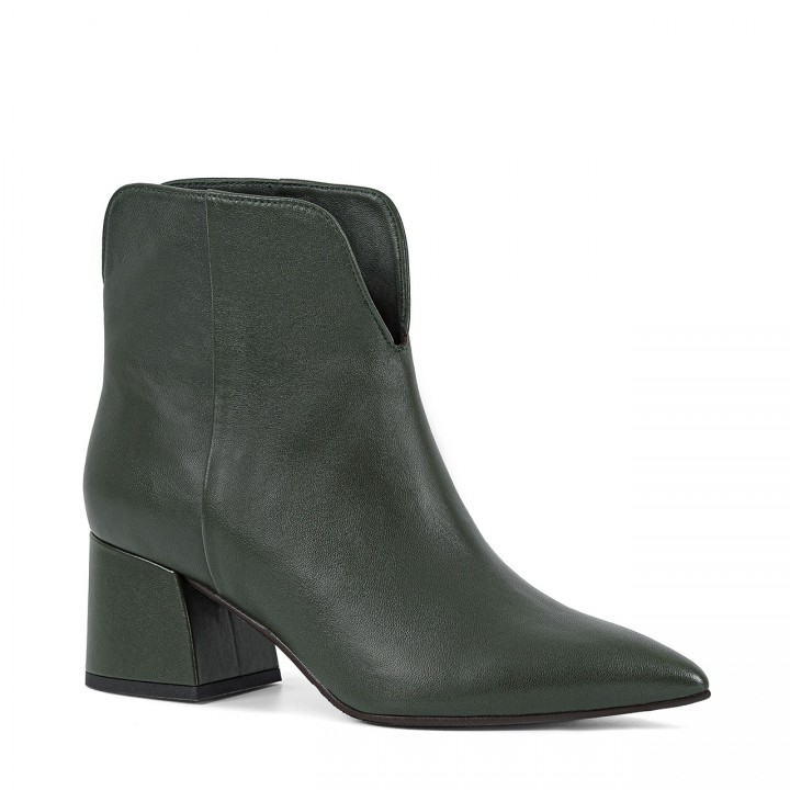 Leather ankle boots with a low heel in khaki color