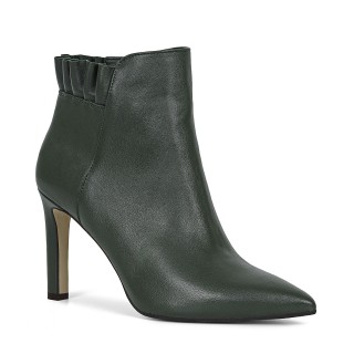 Leather ankle boots with a high heel and a decorative ruffle in khaki color