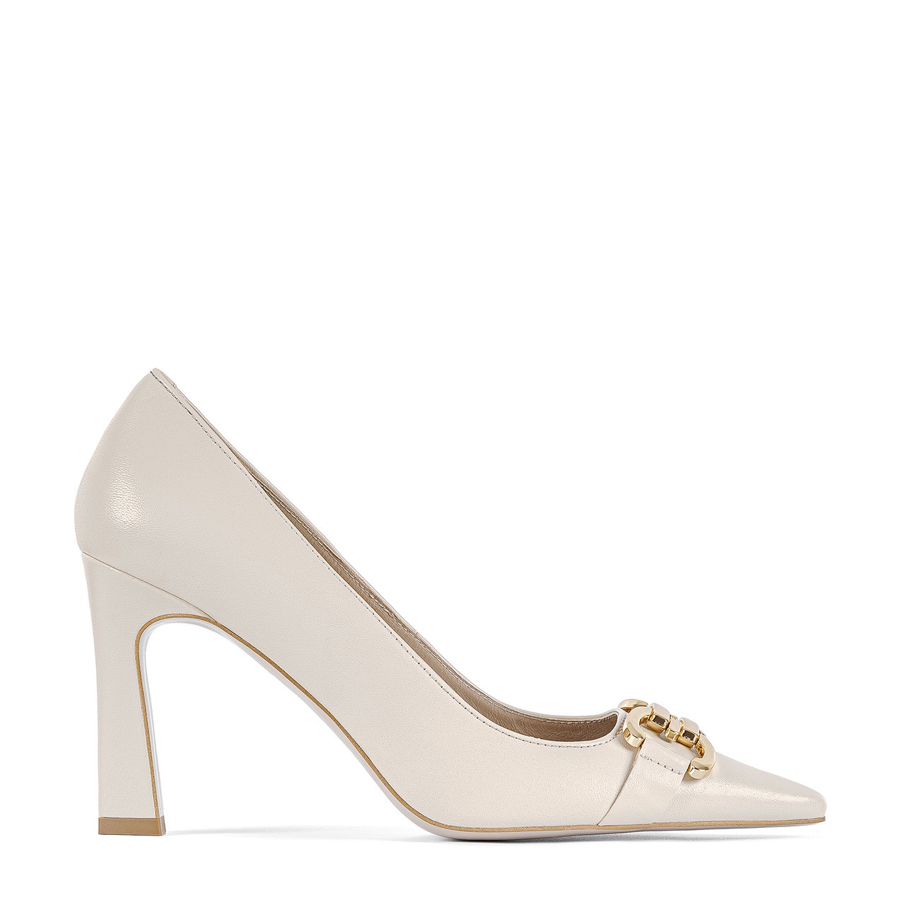 Cream leather stilettos with a geometric heel pointed toes and a gold ornament BRAVOMODA