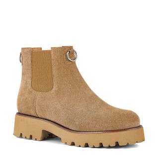 Beige velvet ankle boots with a high sole