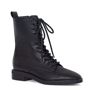 Black leather ankle boots with lacing at the front and a zipper on the inside
