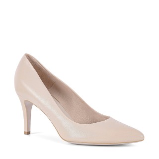 Beige pumps made of genuine grain leather on a comfortable heel