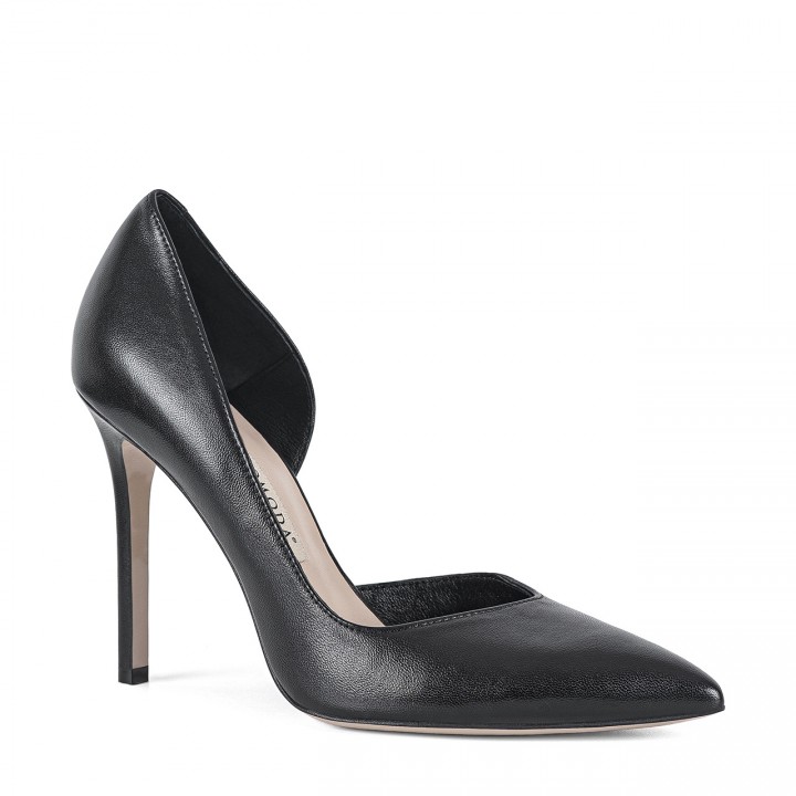 Black leather high-heeled pumps with open sides