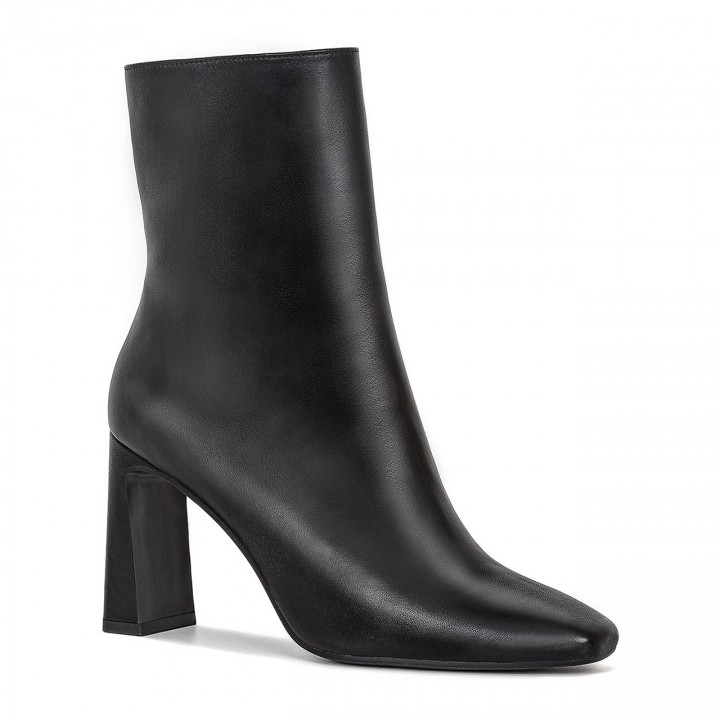 Black leather ankle boots with a thick heel