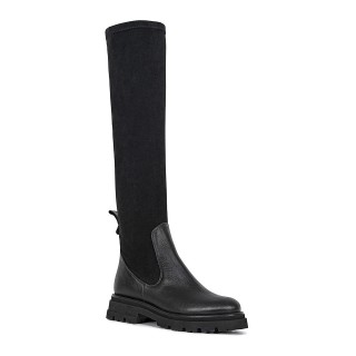 Fitted black women's boots made of natural grain leather and elastic fabric