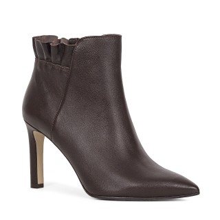 Dark brown leather ankle boots with high heels and pointed toes