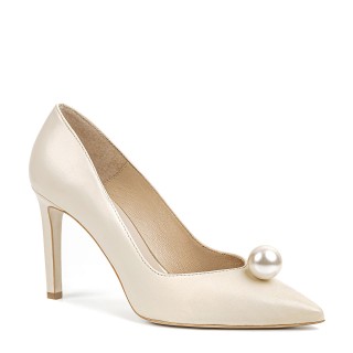 Classic women's cream-colored high heels with a front embellishment