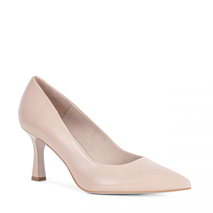 Beige leather pumps with a geometric heel