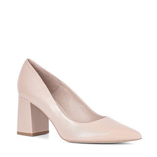 Beige pumps made of natural grain leather with a high heel and pointed toes