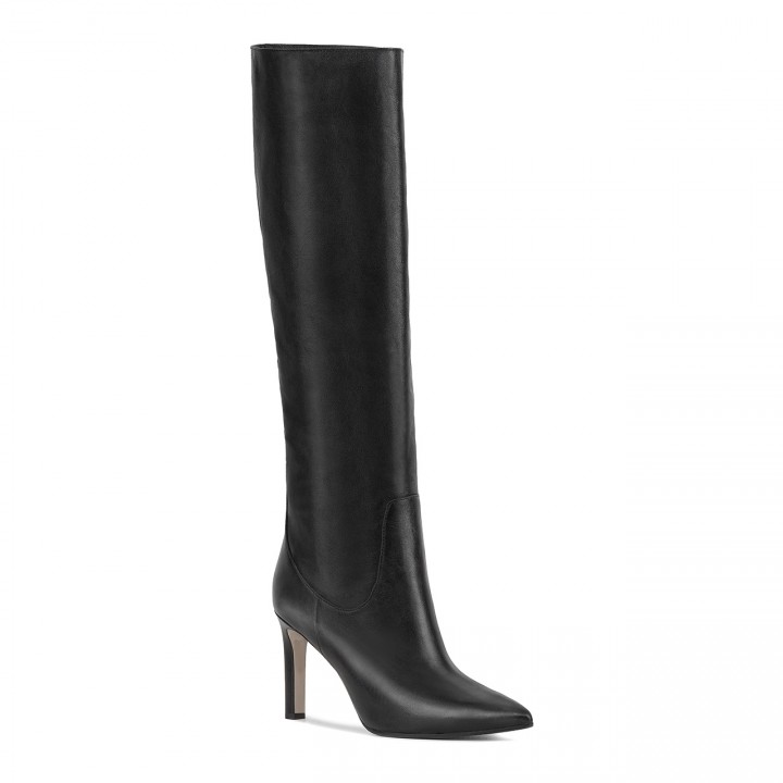 Black high boots made of natural leather with a 9 cm high heel