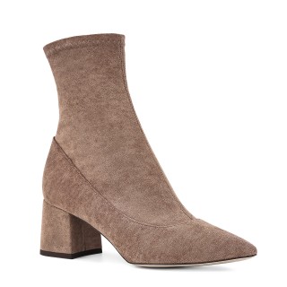 Fitted ankle boots with a stable heel and pointed toes made of elastic taupe fabric