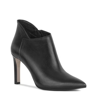 Black leather ankle boots with a high heel and a cutout in the upper