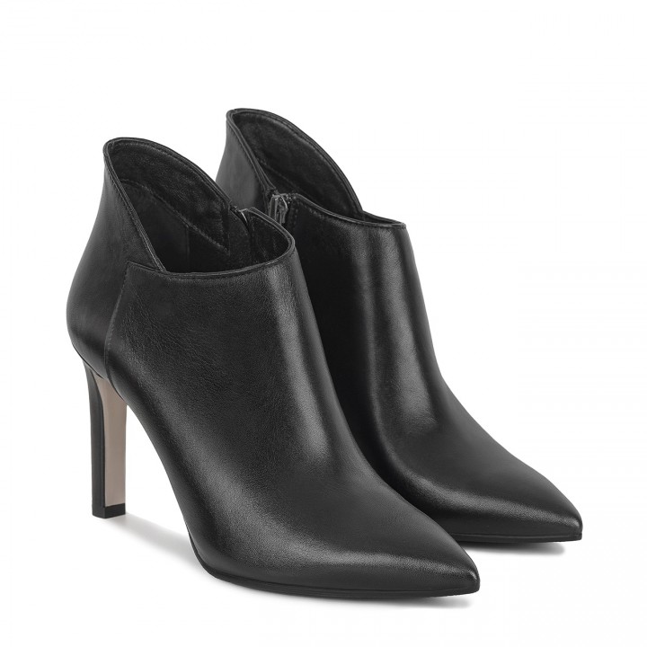 Black leather ankle boots with a high heel