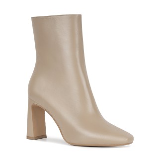 Beige leather ankle boots with a square toe