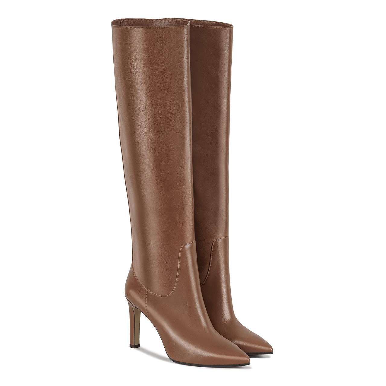 High-heeled light brown boots, fashioned from genuine grain leather, stand 9 cm tall