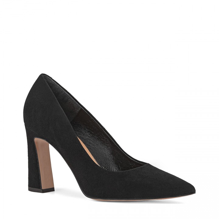 Classic black suede pumps with a stable, wide heel