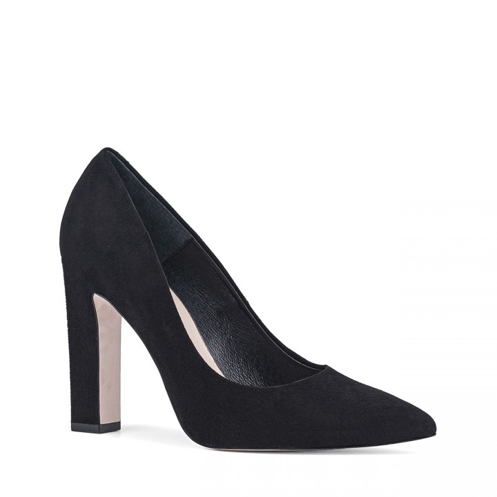 Women's pumps with a high, stable heel made of natural black suede leather