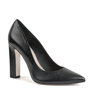 Black leather pumps with a high block heel