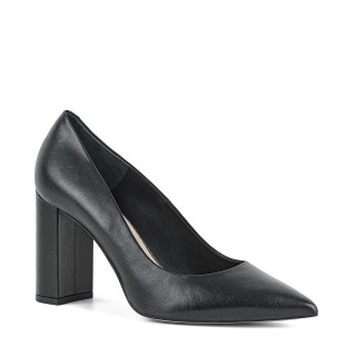 Black pumps with high block heels and gently pointed toes