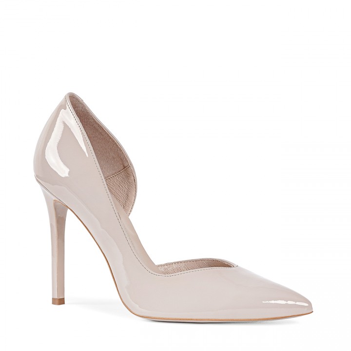 High patent leather stilettos with a cut-out, made of natural leather