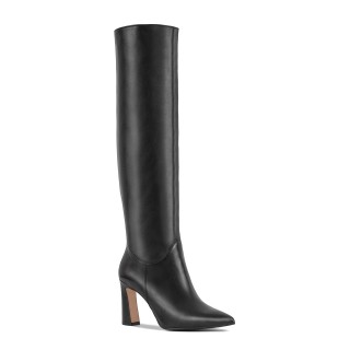 Black leather women's high-heeled boots with an insulated upper