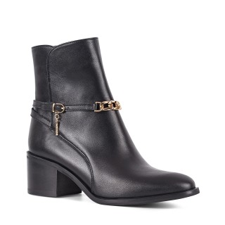 Black leather ankle boots with gold decoration and round toes