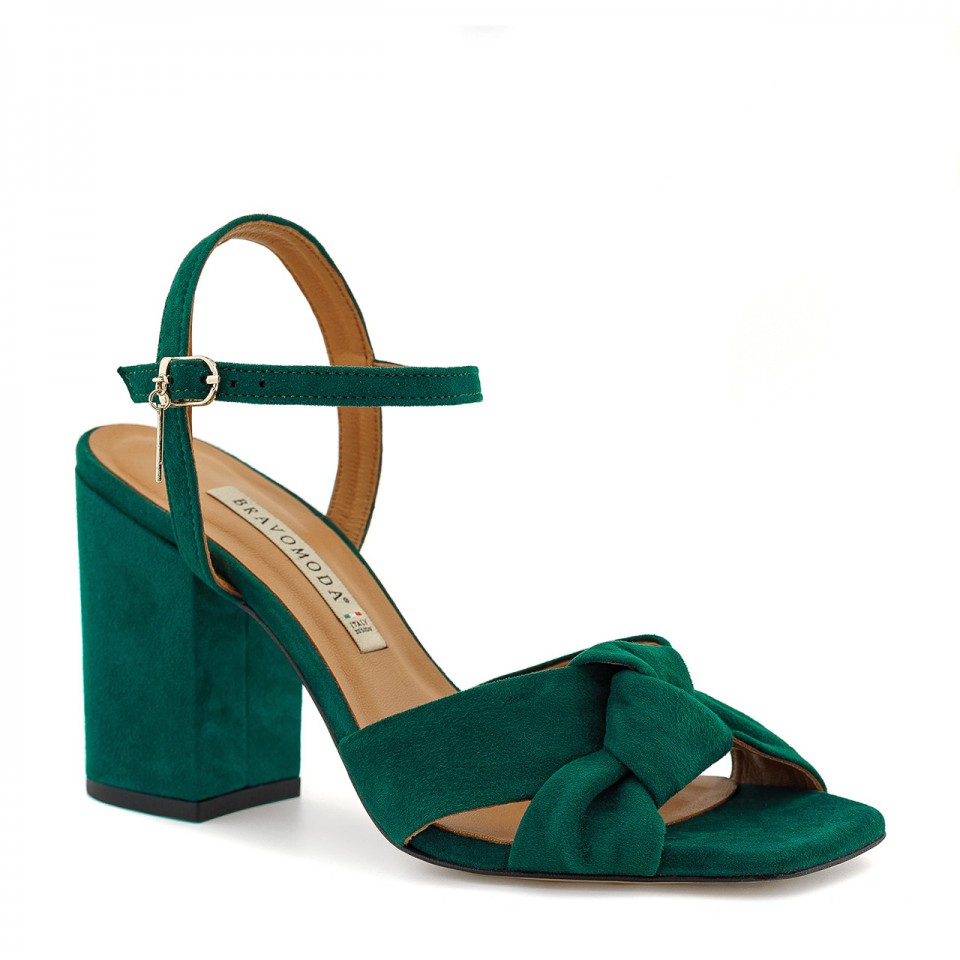 Green suede high-heeled sandals with a decorative knot