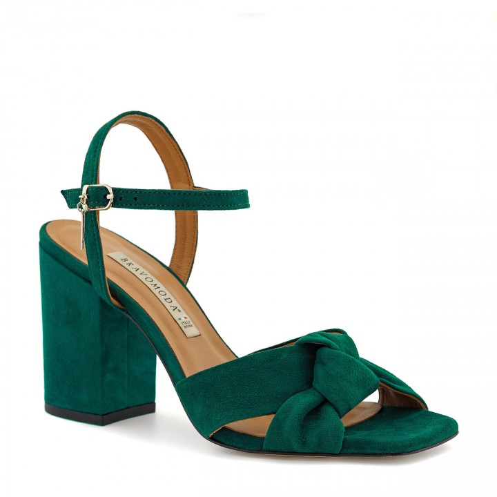 Green suede high-heeled sandals with a decorative knot