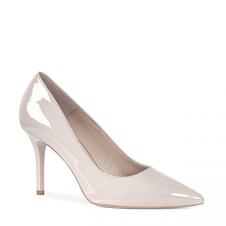 Classic beige high heels made of natural patent leather