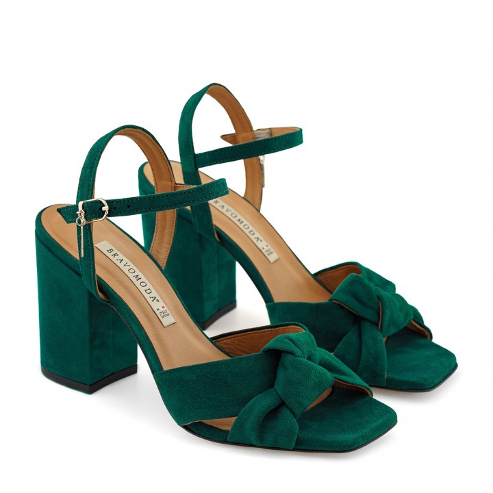 Suede high-heeled sandals with a decorative knot