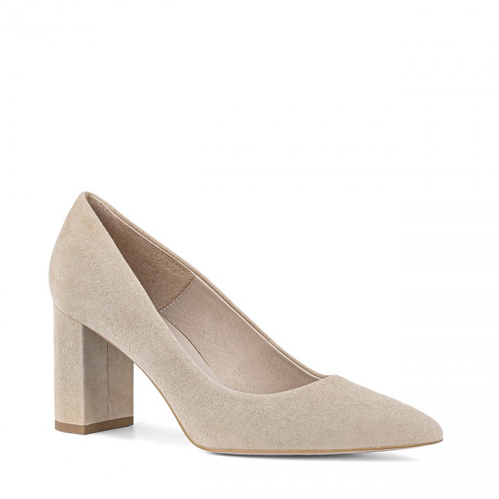 Beige pumps with a comfortable heel, handmade from natural suede leather