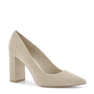 Beige block-heeled pumps with pointed toes, made from genuine suede leather