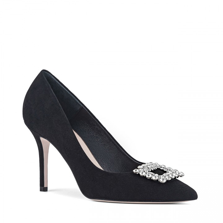 Elegant black suede pumps with an eye-catching decoration on the front