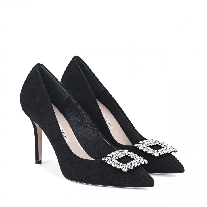 Elegant black suede pumps with an eye-catching decoration