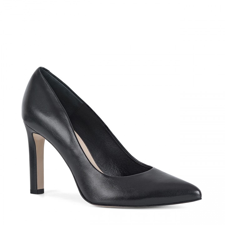 Classic black leather pumps with a slightly thicker stiletto heel