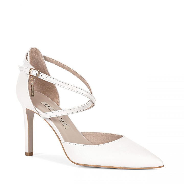 White pumps with a 9 cm high heel, made of natural grain leather, with a fastening around the ankle
