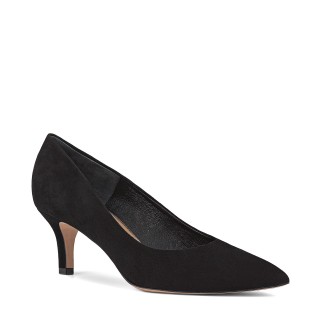 Classic black suede pumps with a low heel