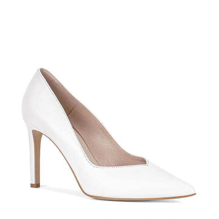 White leather wedding high heels with a feminine cutout on the front
