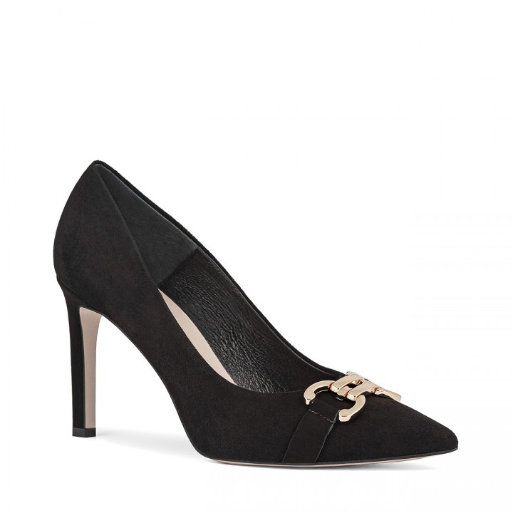 Black suede high-heeled pumps with gold decoration