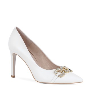 White high-heeled pumps with an elegant gold decoration on the front