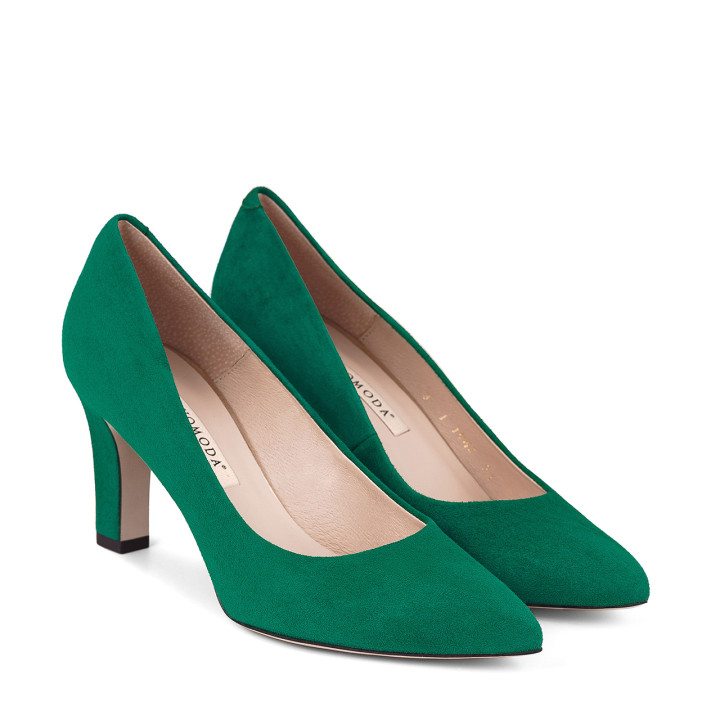 Green suede pumps on high heels