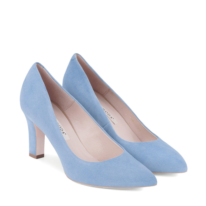 Blue suede high-heeled pumps