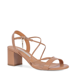 Toffee-colored natural leather sandals on high heels