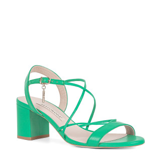 Low heel block sandals made of natural grain leather in a delicate green color