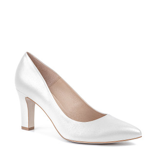 Wedding shoes made from genuine pearl white leather on a high heel